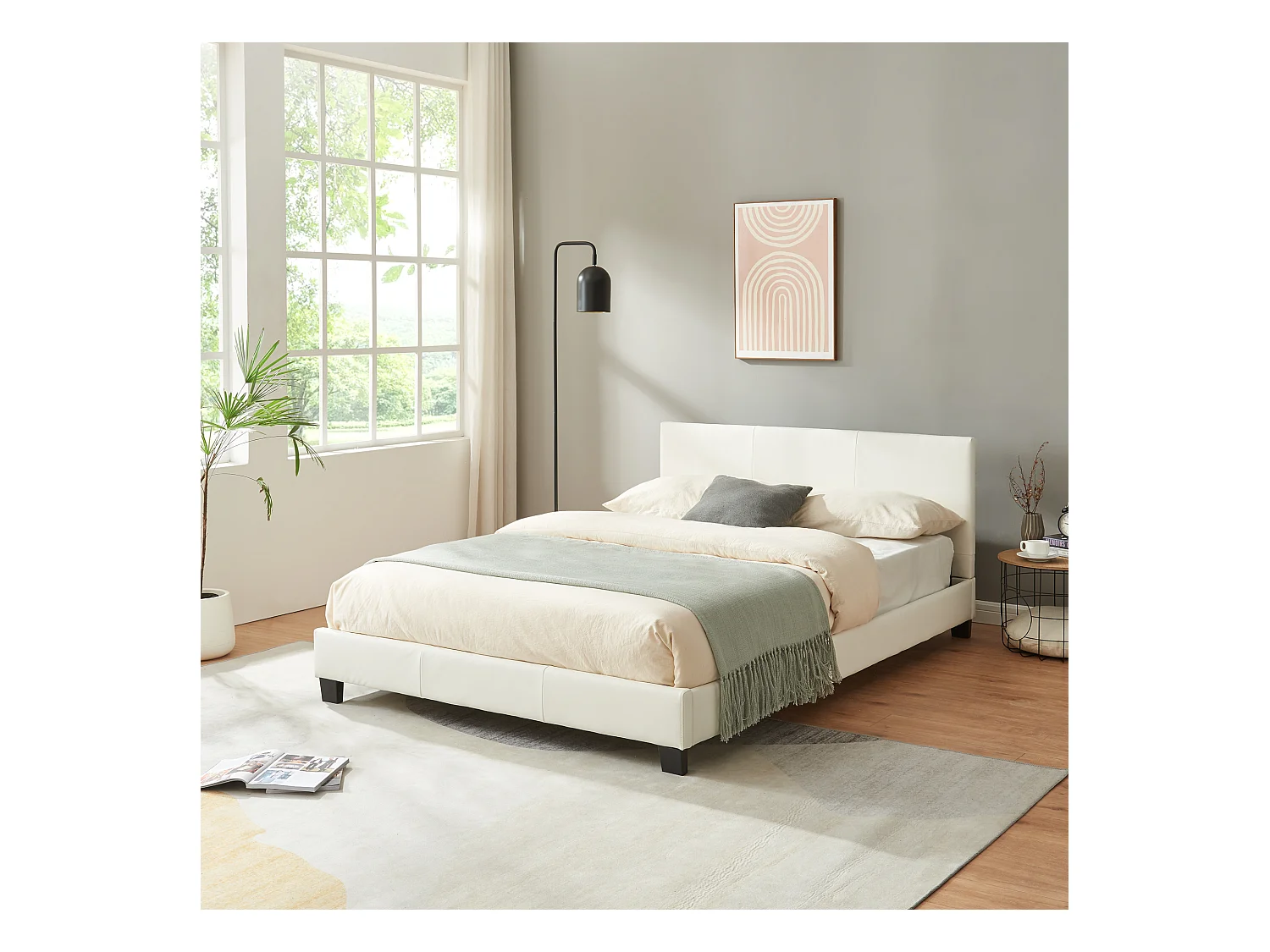 Lit Double Rembourré Albacete Sommier à Lattes Simili 140 x 200 cm Blanc Corium