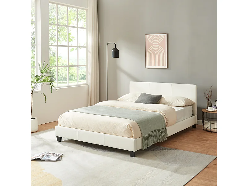 Lit Double Rembourré Albacete Sommier à Lattes Simili 140 x 200 cm Blanc Corium