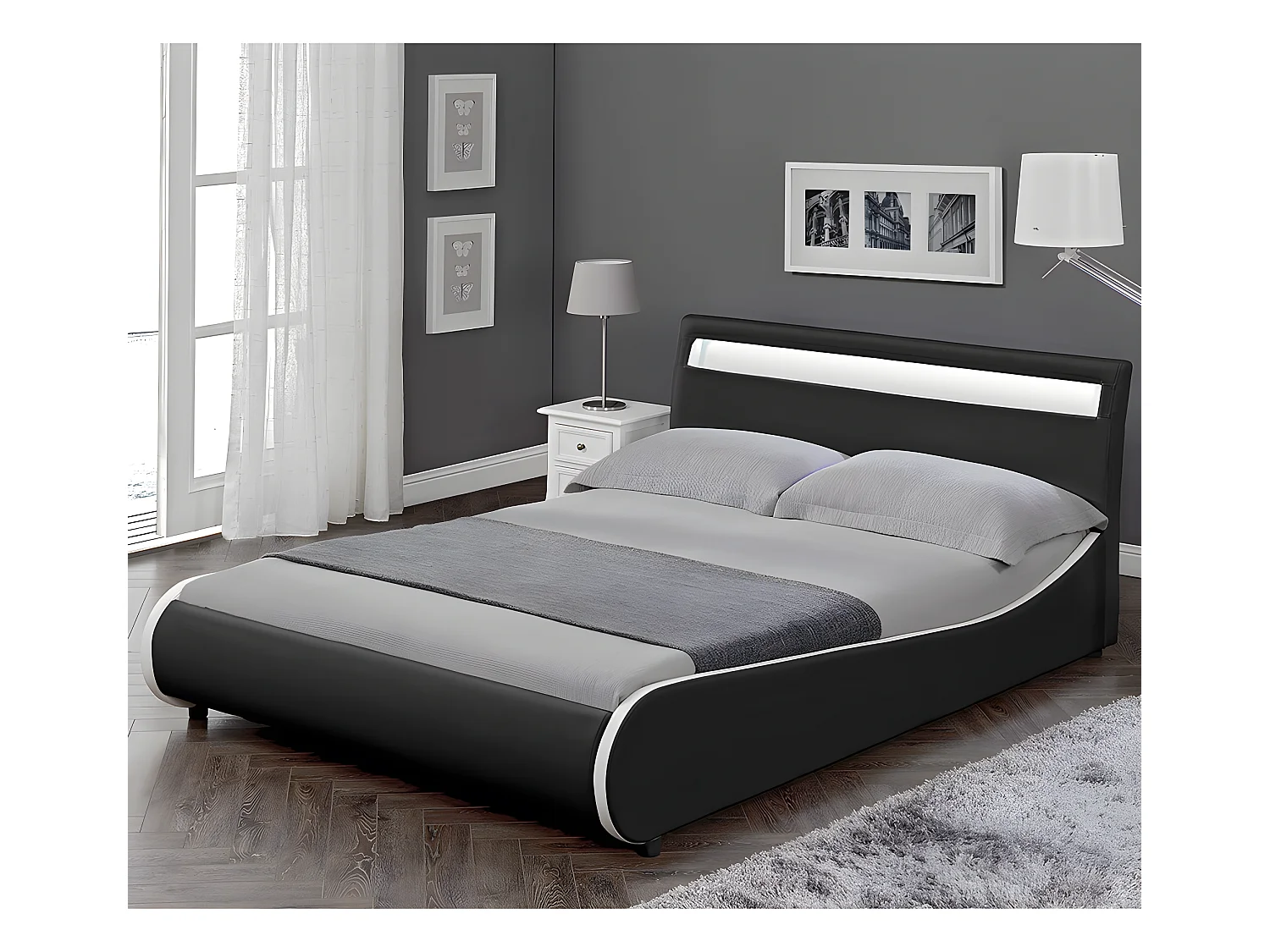 Cadre de Lit Double Valencia à LED 180x200cm Simili avec Sommier à Lattes Noir Corium