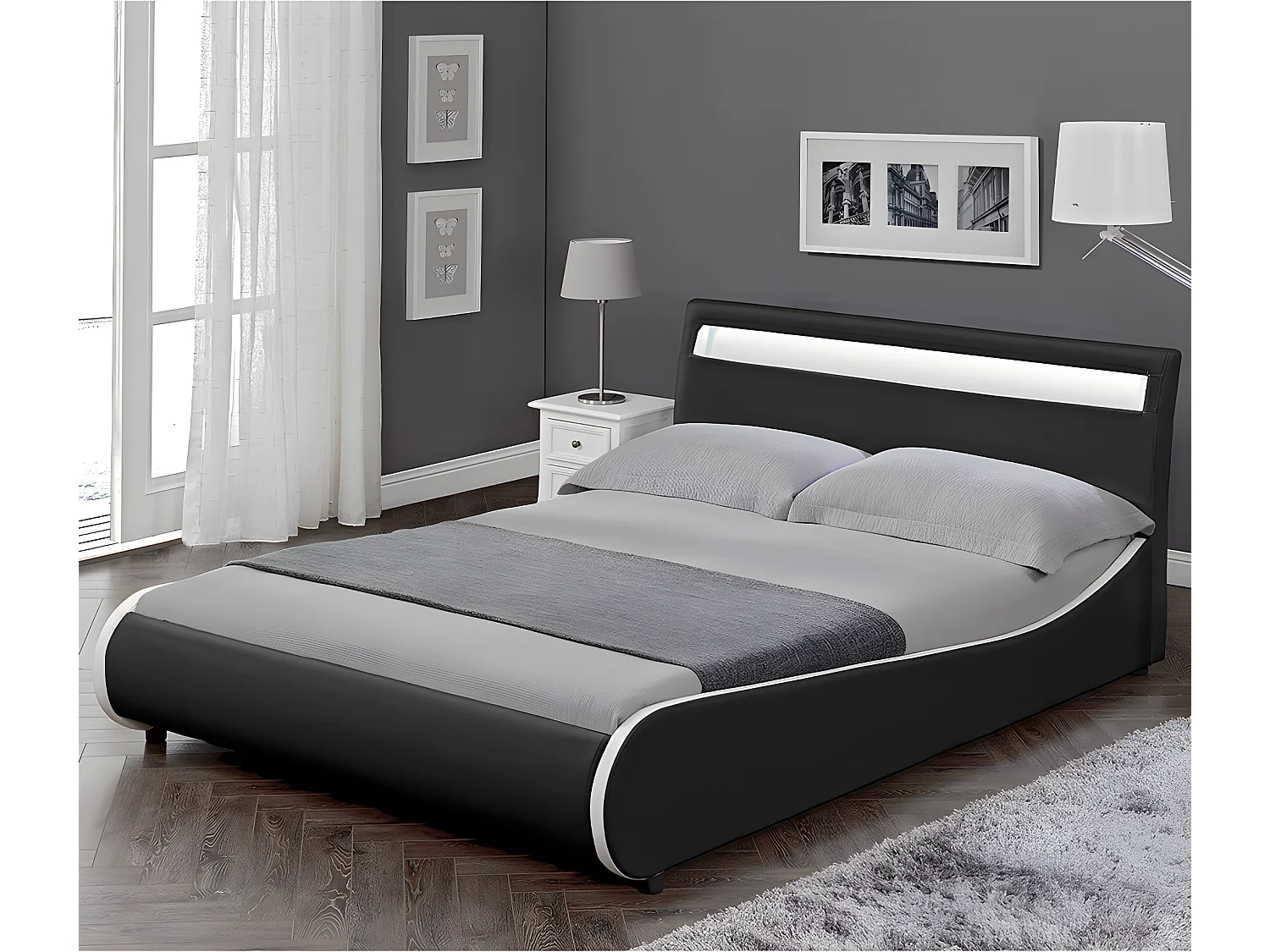Cadre de Lit Double Valencia à LED 180x200cm Simili avec Sommier à Lattes Noir Corium