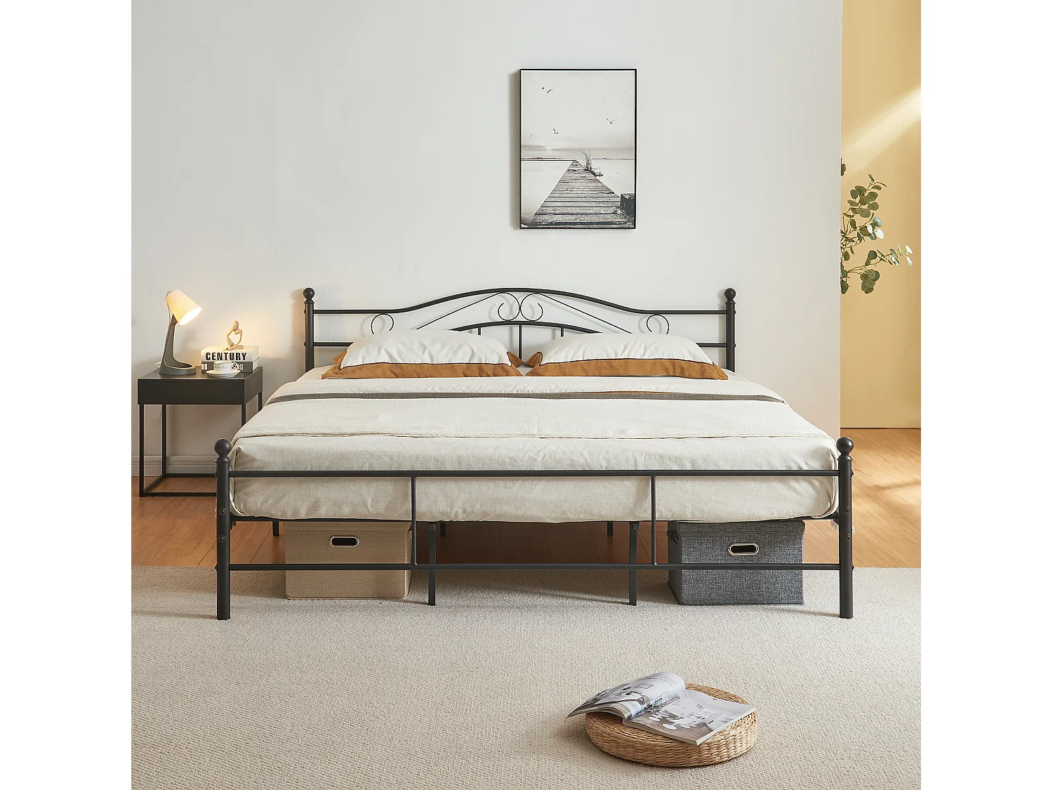 Cadre de lit double Florenz Acier Revêtu par Poudre 180 x 200 Noir [en.casa]