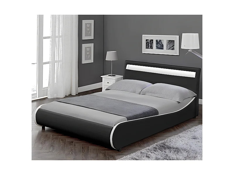 Cadre de Lit Double Valencia à LED 140 x 200 cm Simili avec Sommier à Lattes Noir Corium