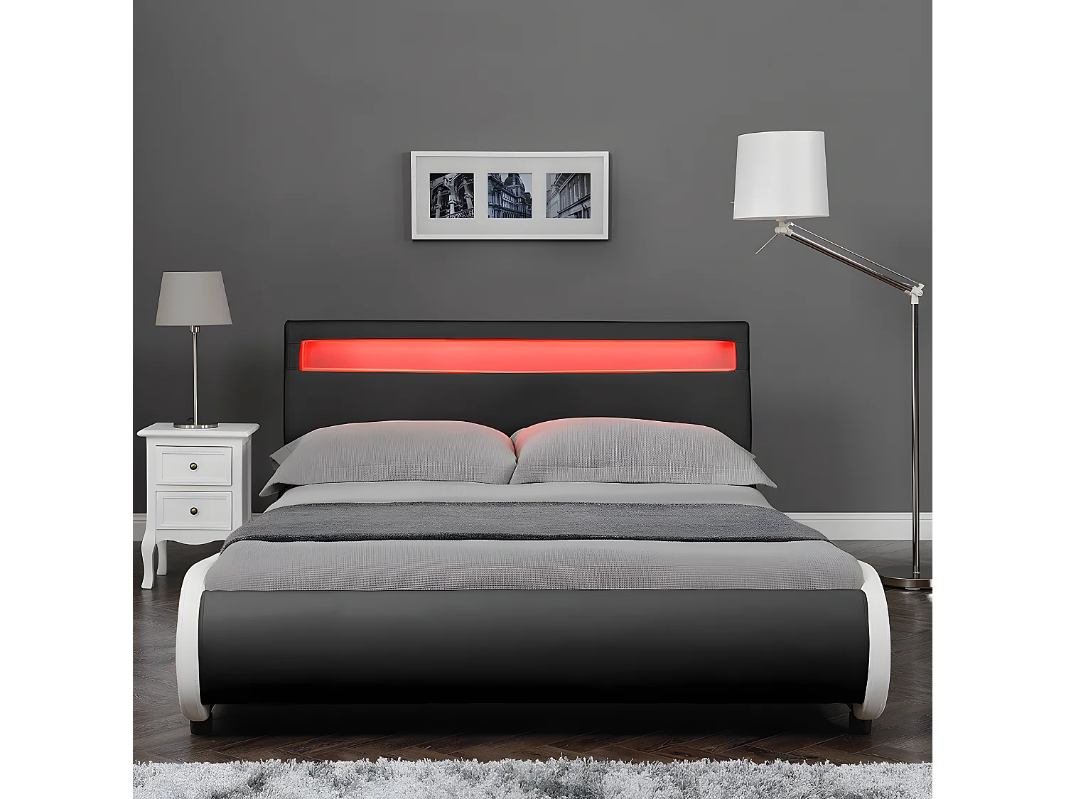 Cadre de Lit Double Valencia à LED 140 x 200 cm Simili avec Sommier à Lattes Noir Corium