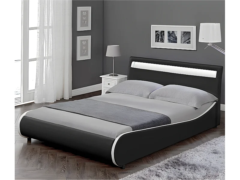 Cadre de Lit Double Valencia à LED 140 x 200 cm Simili avec Sommier à Lattes Noir Corium
