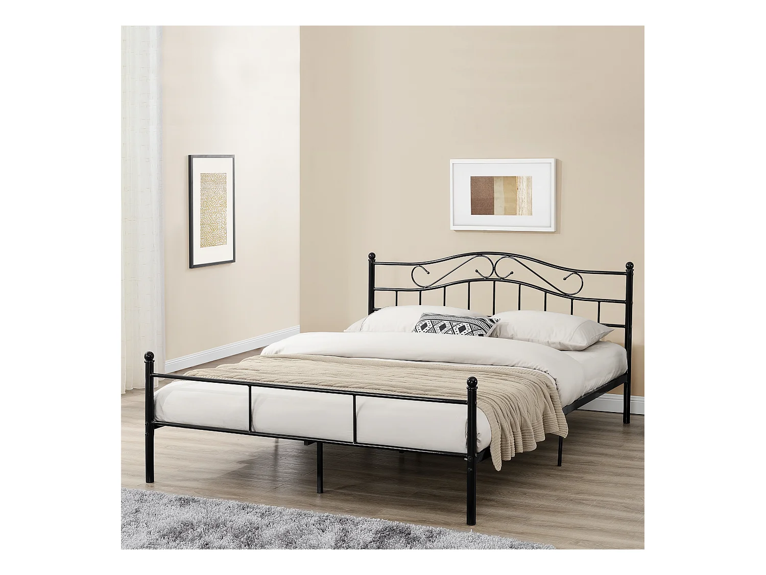 Cadre de lit double Florenz Acier Revêtu par Poudre 160 x 200 Noir [en.casa]