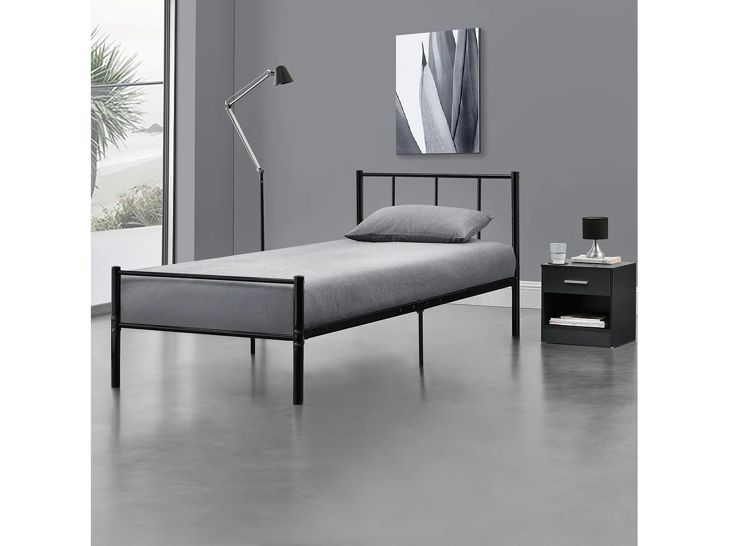 Lit simple Laos Métal avec Sommier à Lattes 90 x 200 cm Noir [en.casa]