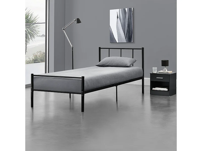 Lit simple Laos Métal avec Sommier à Lattes 90 x 200 cm Noir [en.casa]