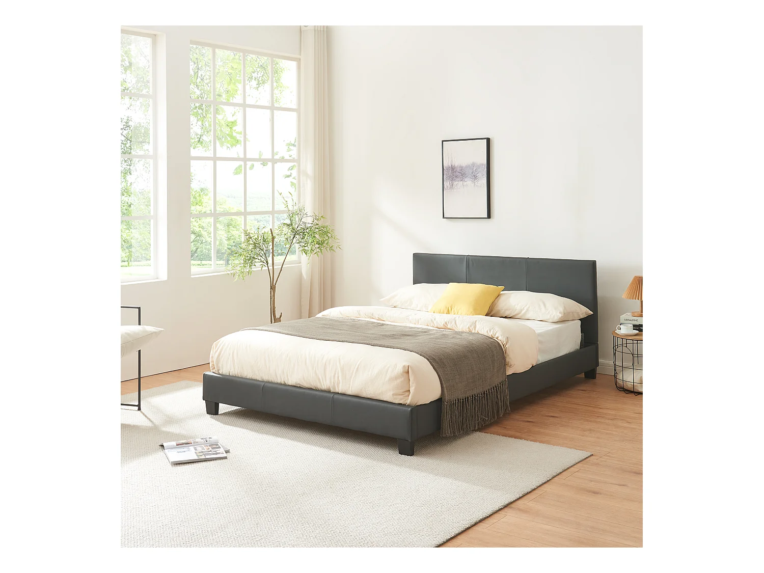 Lit Double Rembourré Albacete Sommier à Lattes Simili 140 x 200 cm Gris Foncé Corium