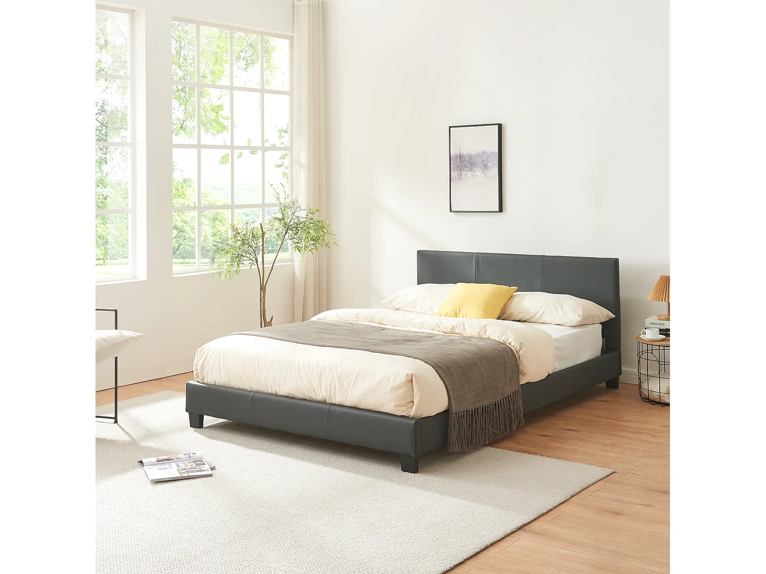 Lit Double Rembourré Albacete Sommier à Lattes Simili 140 x 200 cm Gris Foncé Corium