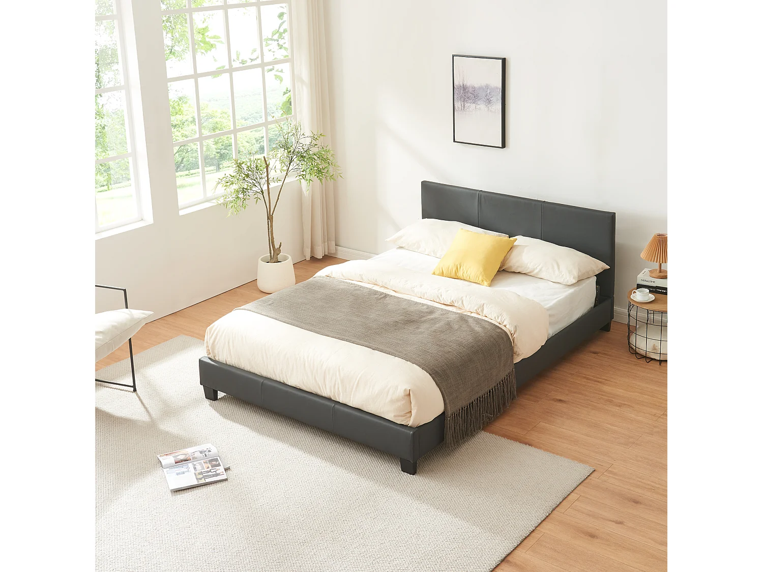 Lit Double Rembourré Albacete Sommier à Lattes Simili 140 x 200 cm Gris Foncé Corium