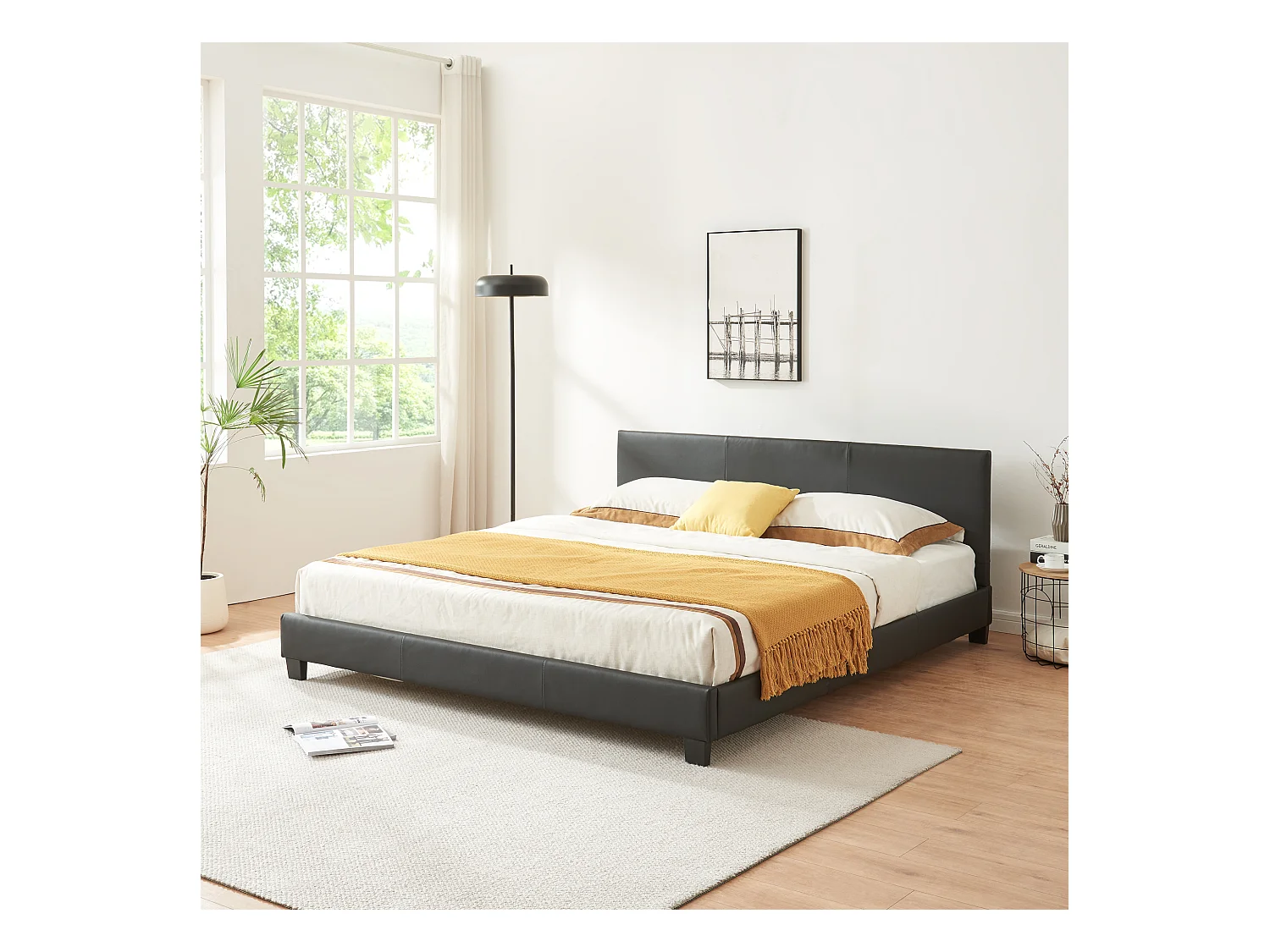 Lit Double Rembourré Albacete Sommier à Lattes Simili 160 x 200 cm Noir Corium