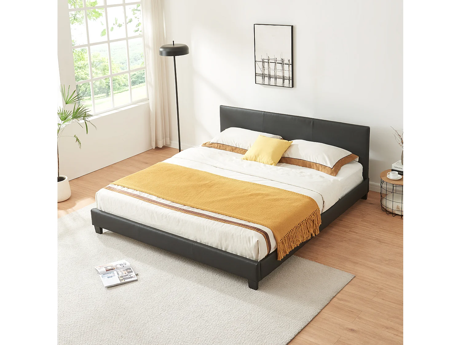 Lit Double Rembourré Albacete Sommier à Lattes Simili 160 x 200 cm Noir Corium