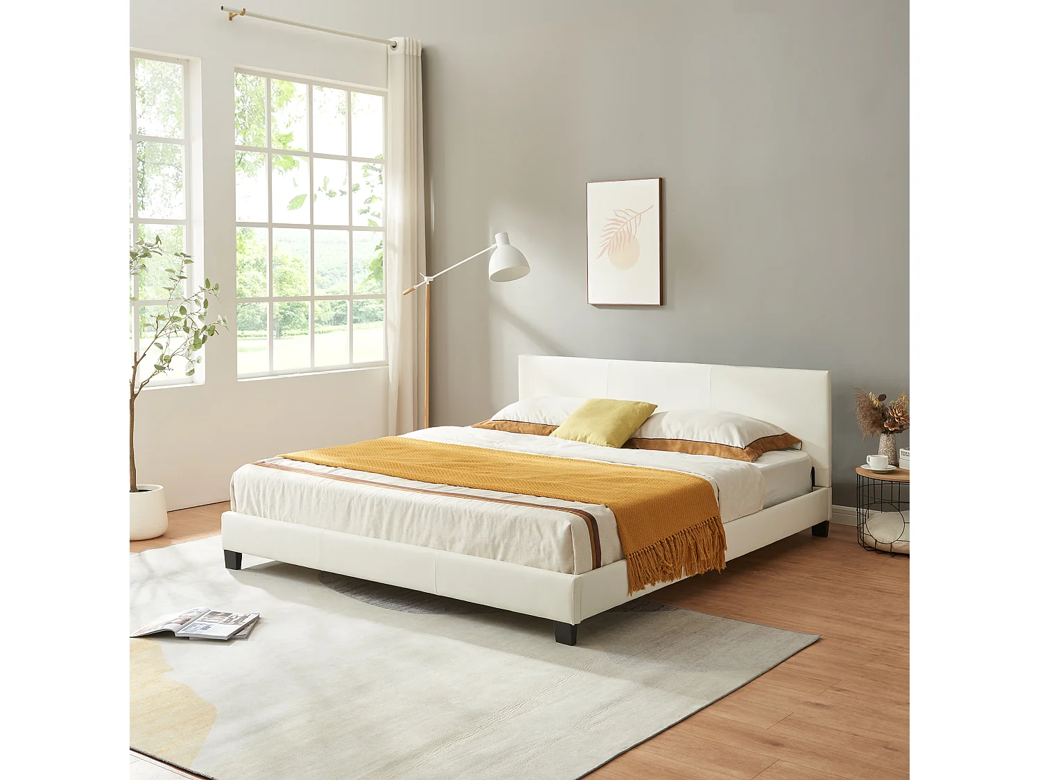 Lit Double Rembourré Albacete Sommier à Lattes Simili 160 x 200 cm Blanc Corium