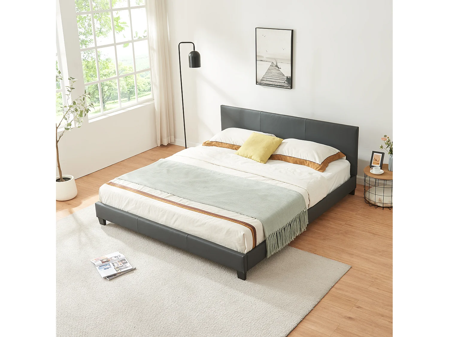 Lit Double Rembourré Albacete Sommier à Lattes Simili 180 x 200 cm Gris Foncé Corium