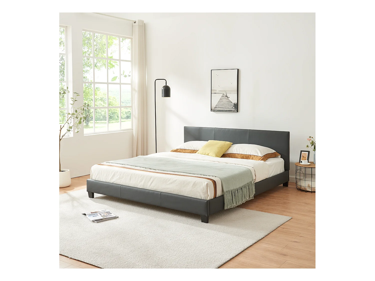 Lit Double Rembourré Albacete Sommier à Lattes Simili 180 x 200 cm Gris Foncé Corium
