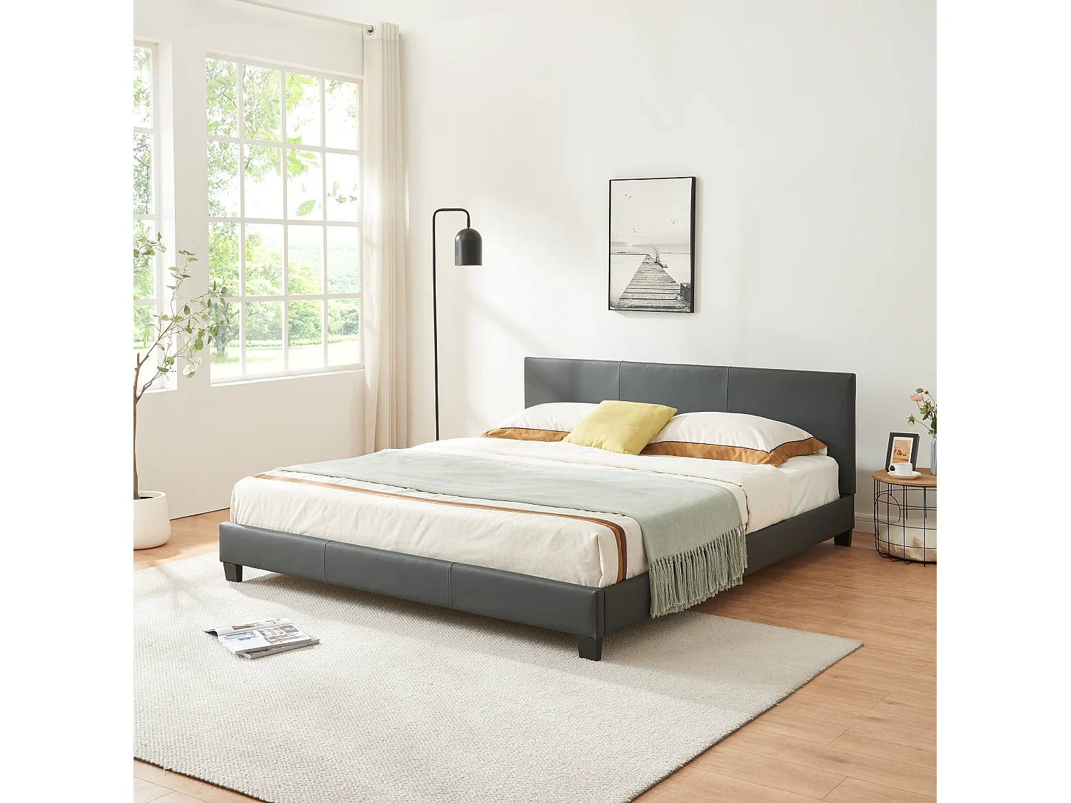 Lit Double Rembourré Albacete Sommier à Lattes Simili 180 x 200 cm Gris Foncé Corium