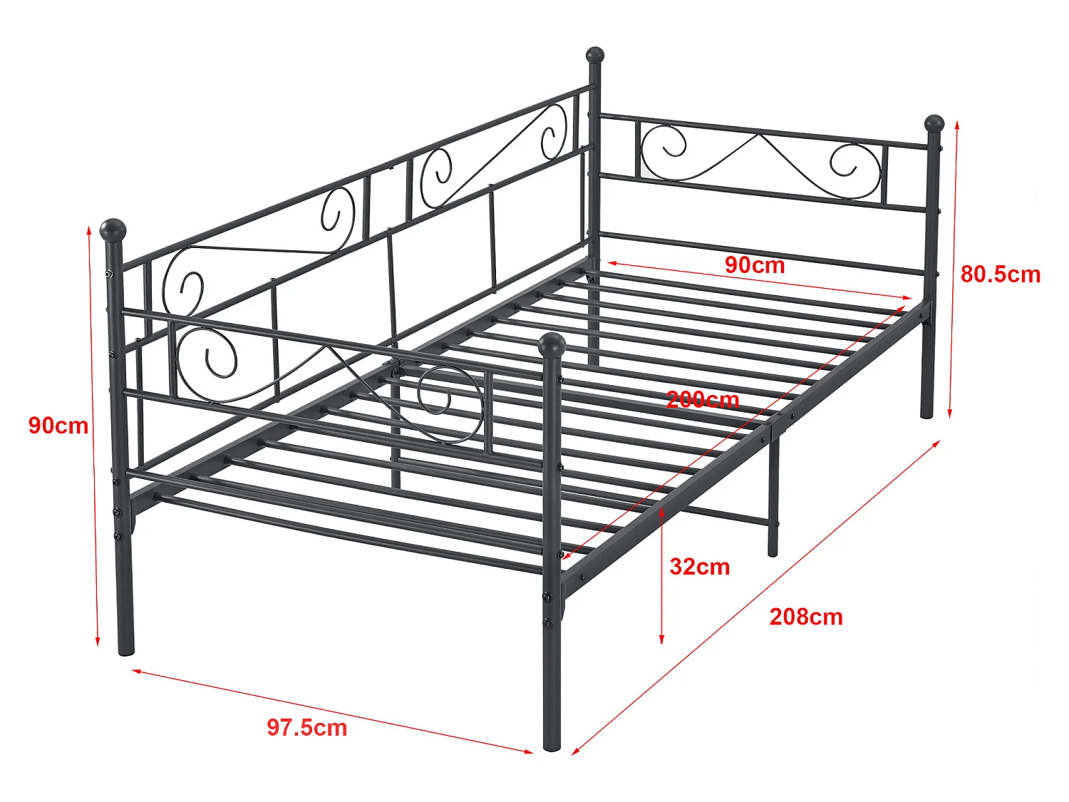 Cadre de Lit Simple Kerava en Métal 90x200 cm Noir Mat [en.casa]