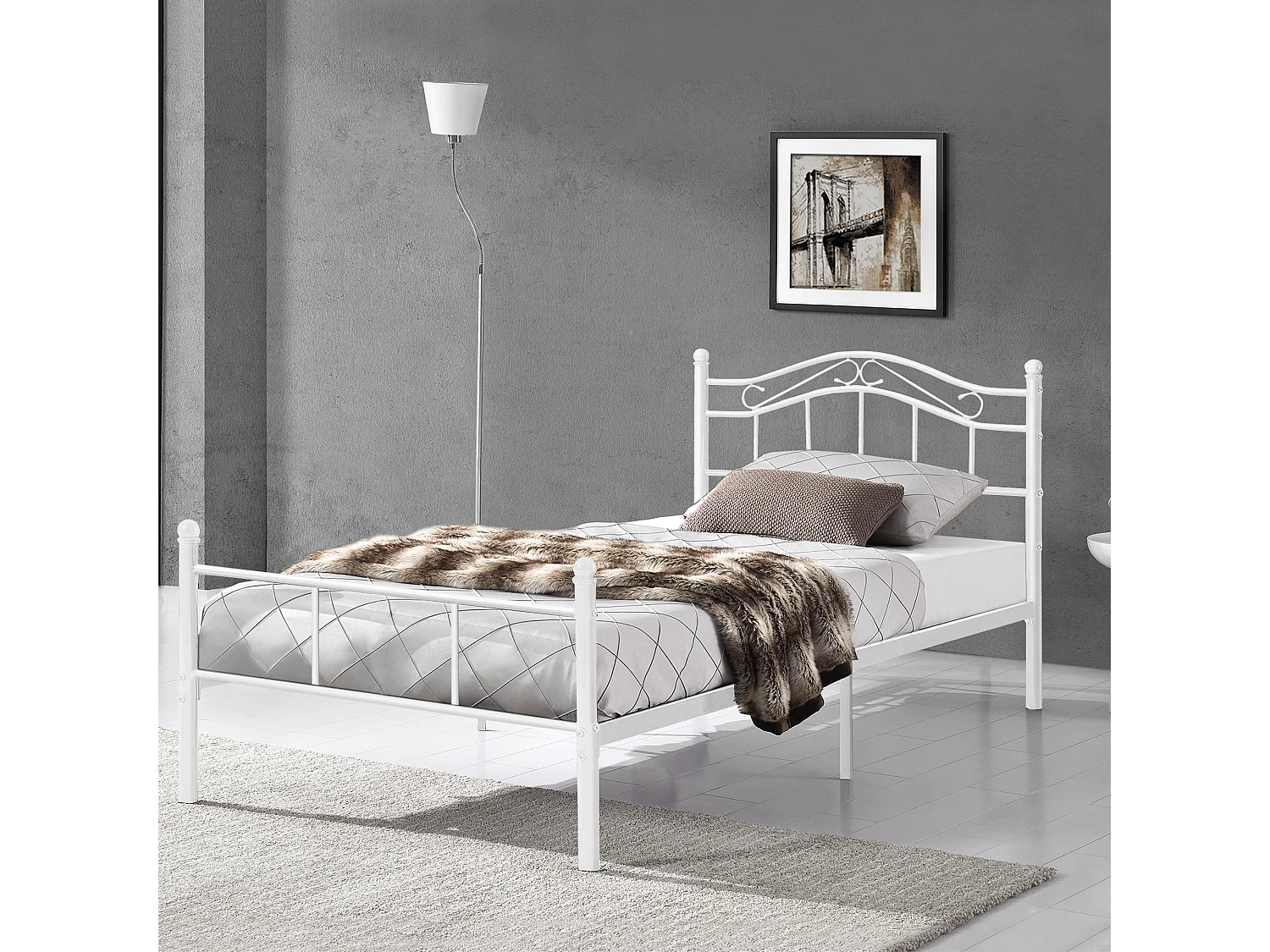 Cadre de lit métallique Florenz avec tête de lit 120 x 200 cm blanc [en.casa]