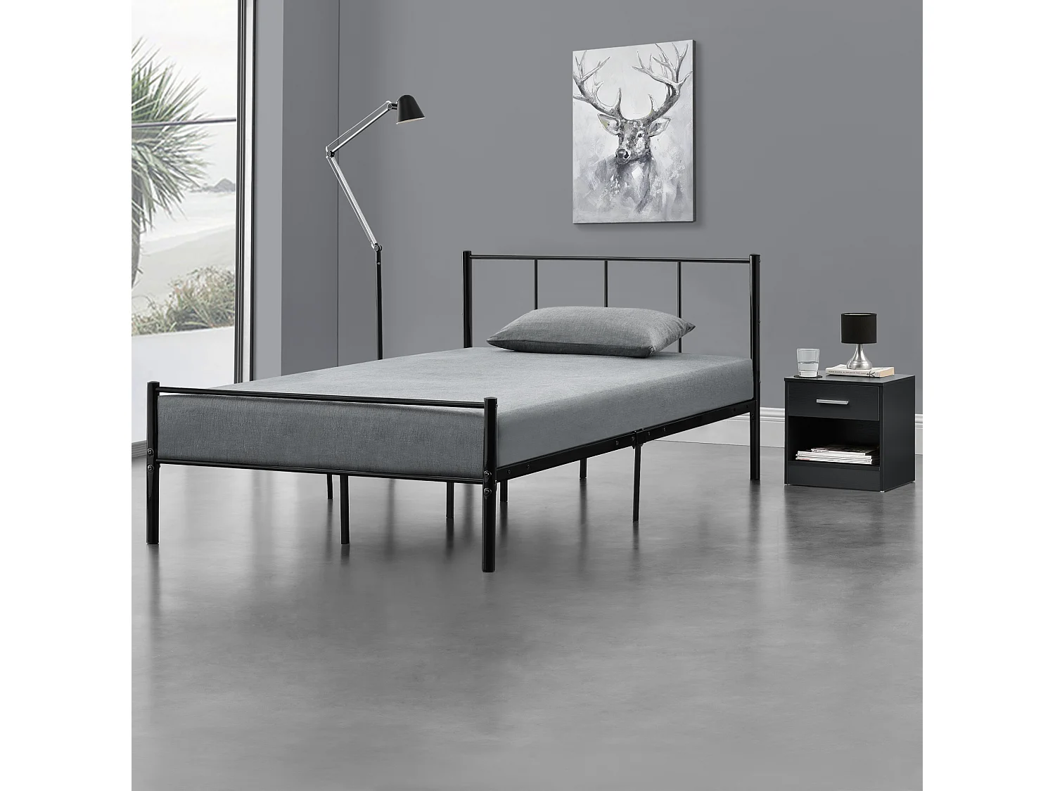 Lit simple Laos Métal avec Sommier à Lattes 120 x 200 cm Noir [en.casa]