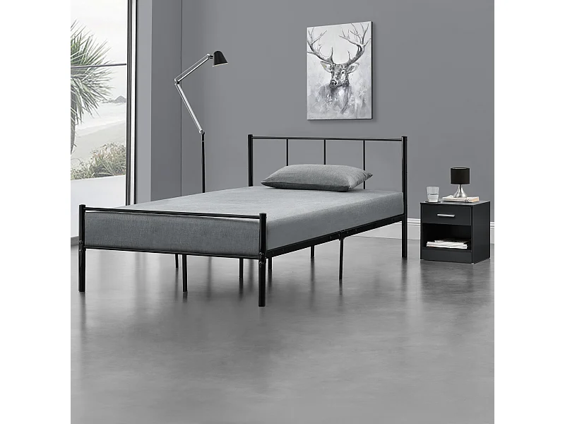 Lit simple Laos Métal avec Sommier à Lattes 120 x 200 cm Noir [en.casa]