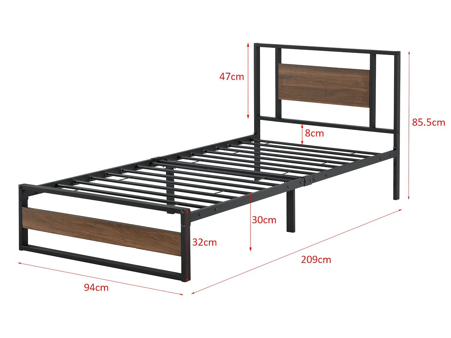 Cadre de Lit Simple Villach en Métal 90 x 200 cm Noir Mat Effet Noyer [en.casa]
