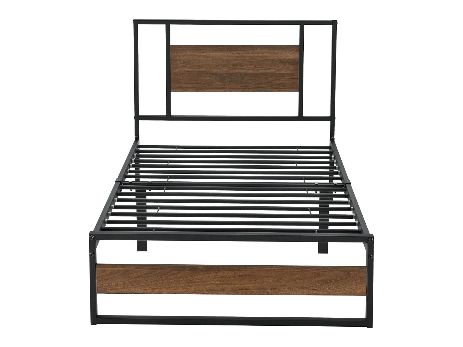 Cadre de Lit Simple Villach en Métal 90 x 200 cm Noir Mat Effet Noyer [en.casa]
