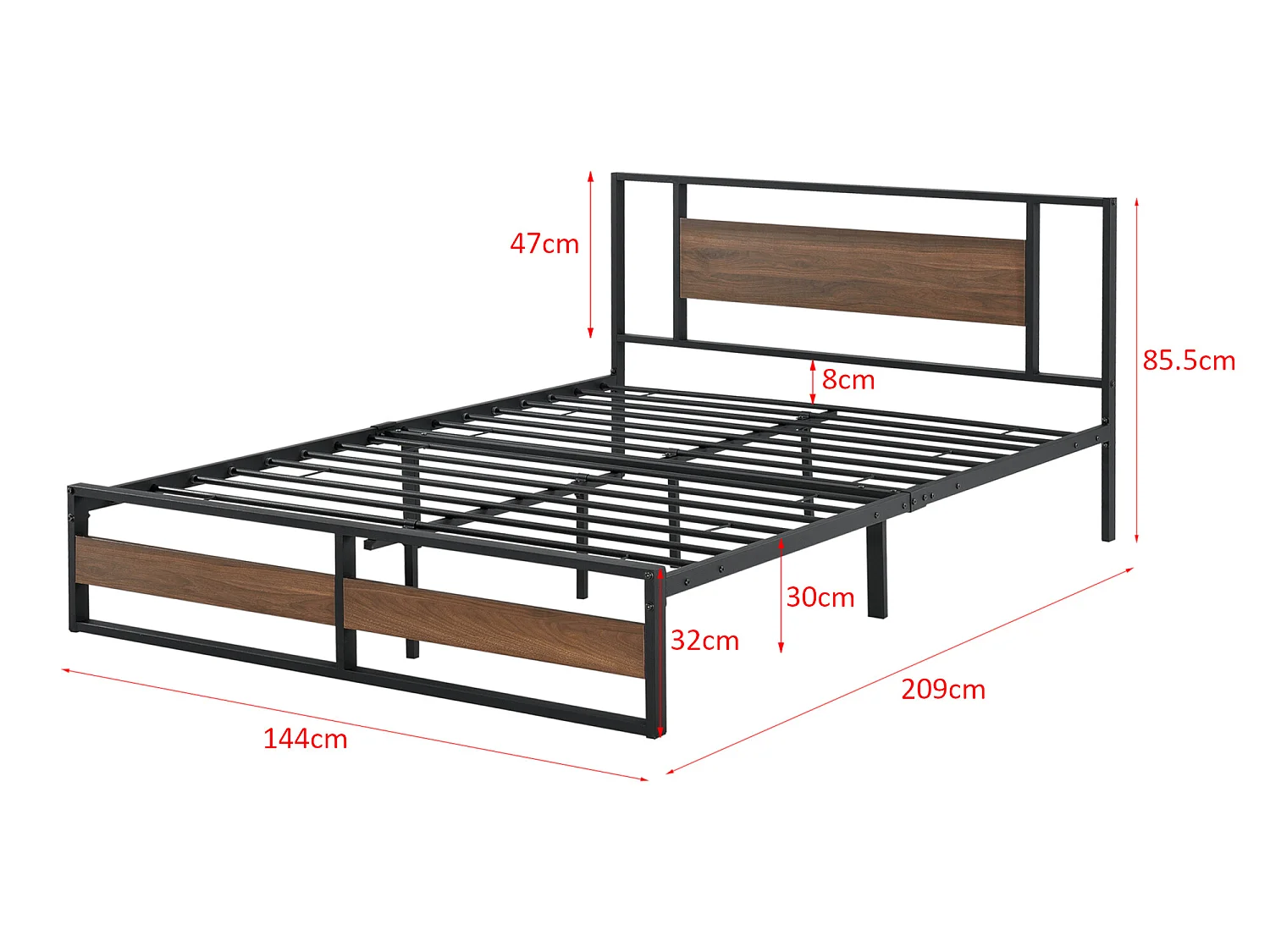 Cadre de Lit Double Villach en Métal 140 x 200 cm Noir Mat Effet Noyer [en.casa]