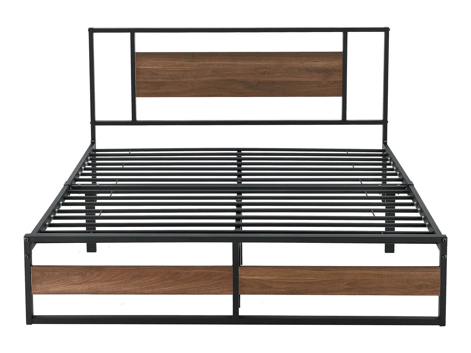 Cadre de Lit Double Villach en Métal 140 x 200 cm Noir Mat Effet Noyer [en.casa]