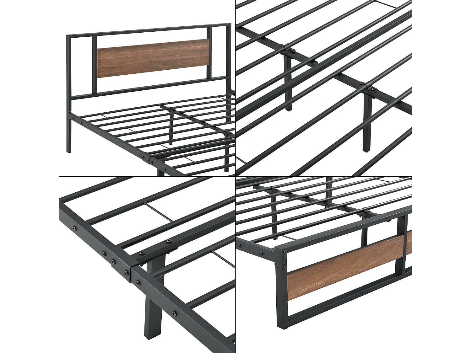 Cadre de Lit Double Villach en Métal 140 x 200 cm Noir Mat Effet Noyer [en.casa]