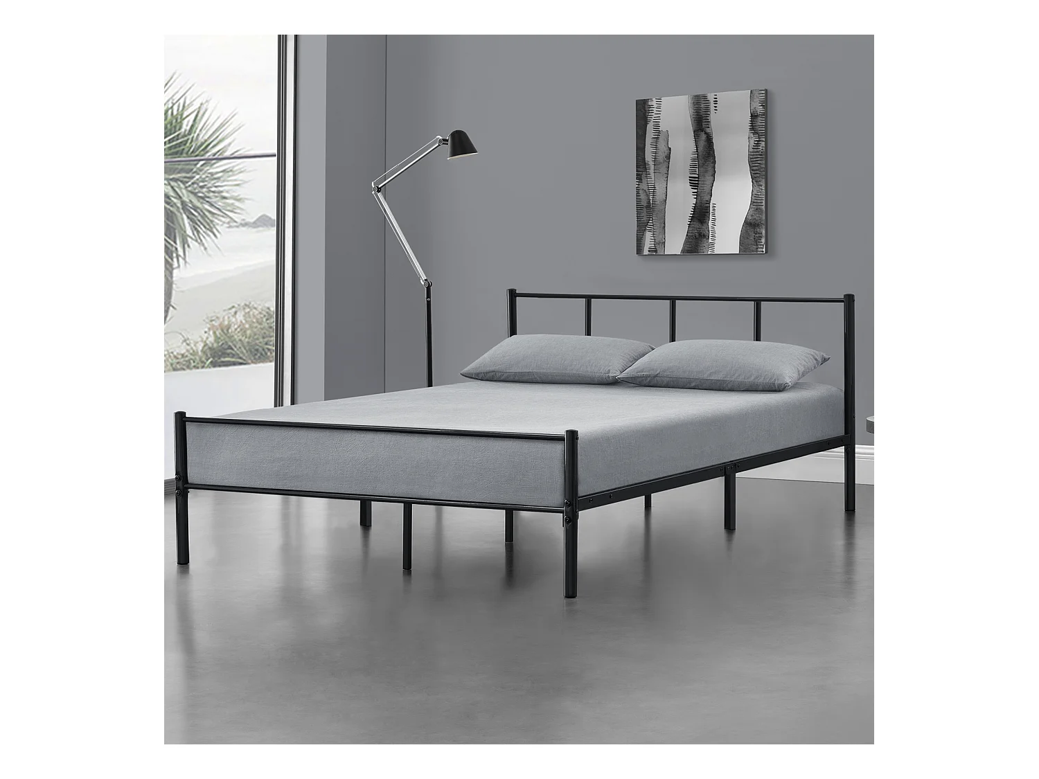 Cadre de Lit Double en Métal Laos 160 x 200 cm Noir Mat [en.casa]