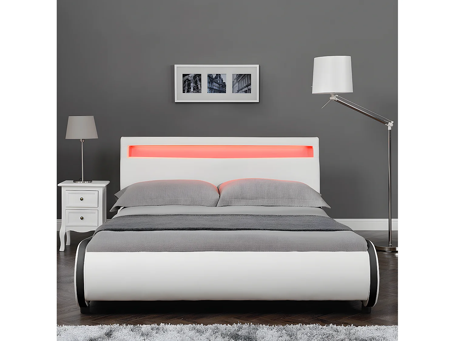 Cadre de Lit Double Valencia à LED 140 x 200 cm Simili avec Sommier à Lattes Blanc Corium