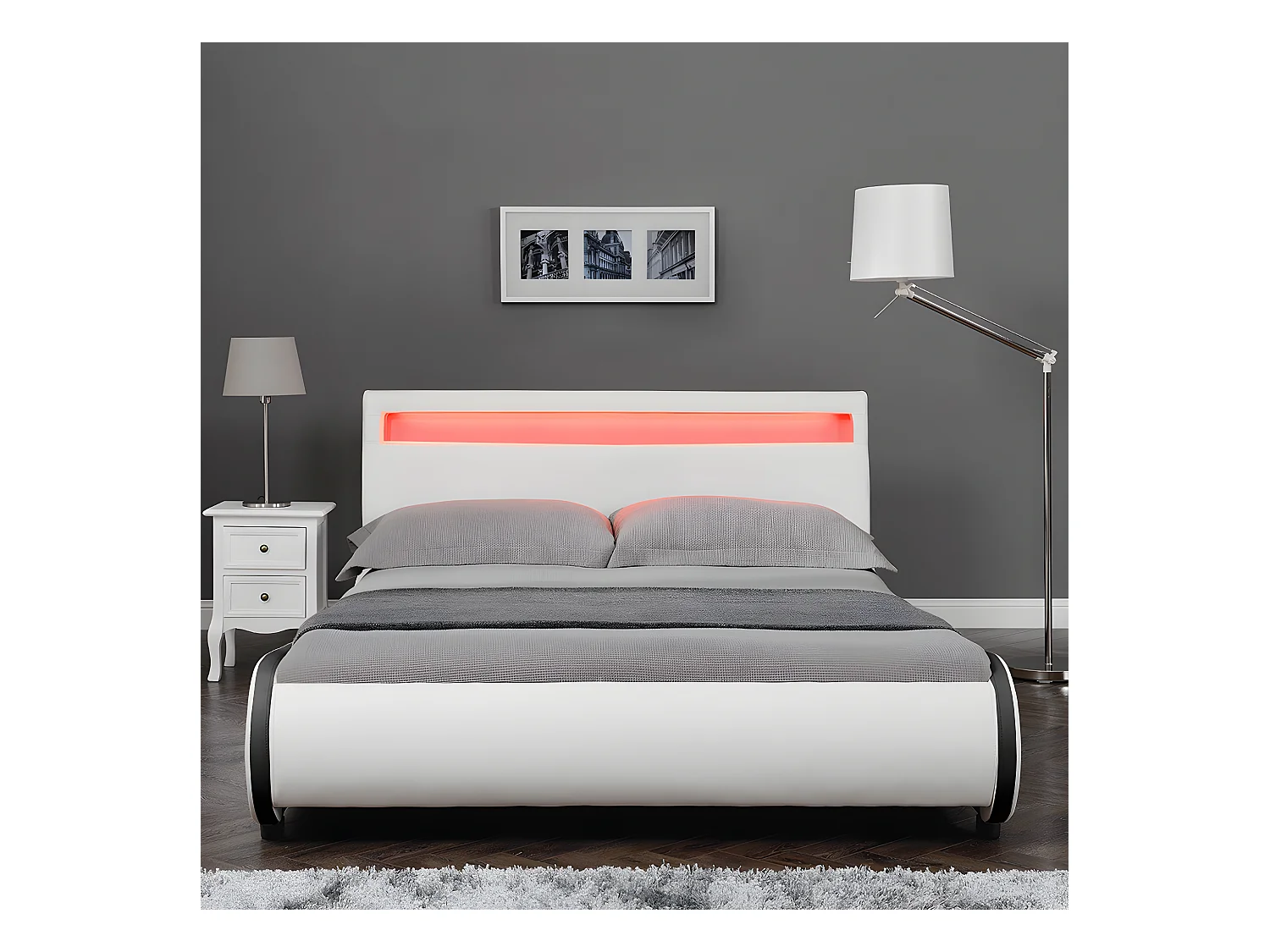 Cadre de Lit Double Valencia à LED 140 x 200 cm Simili avec Sommier à Lattes Blanc Corium