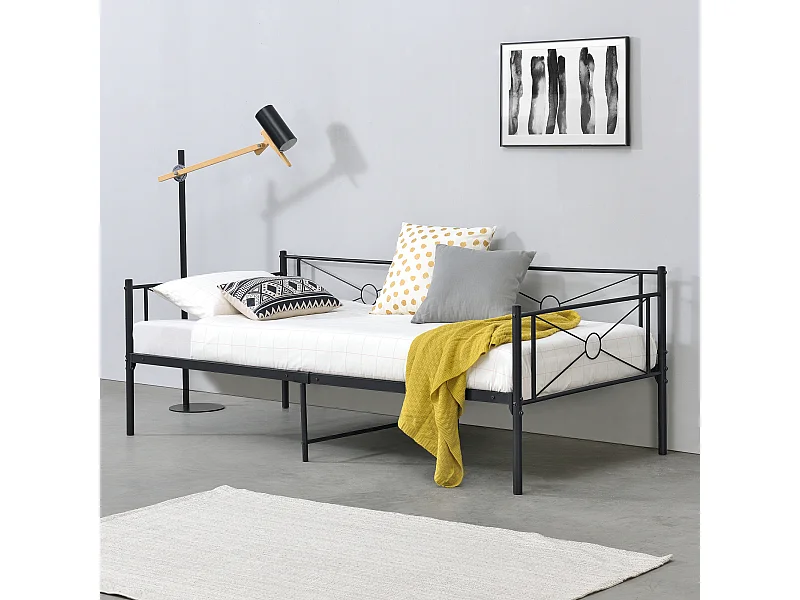 Cadre de Lit Simple Alvesta en Métal 90 x 200 cm Noir Mat [en.casa]