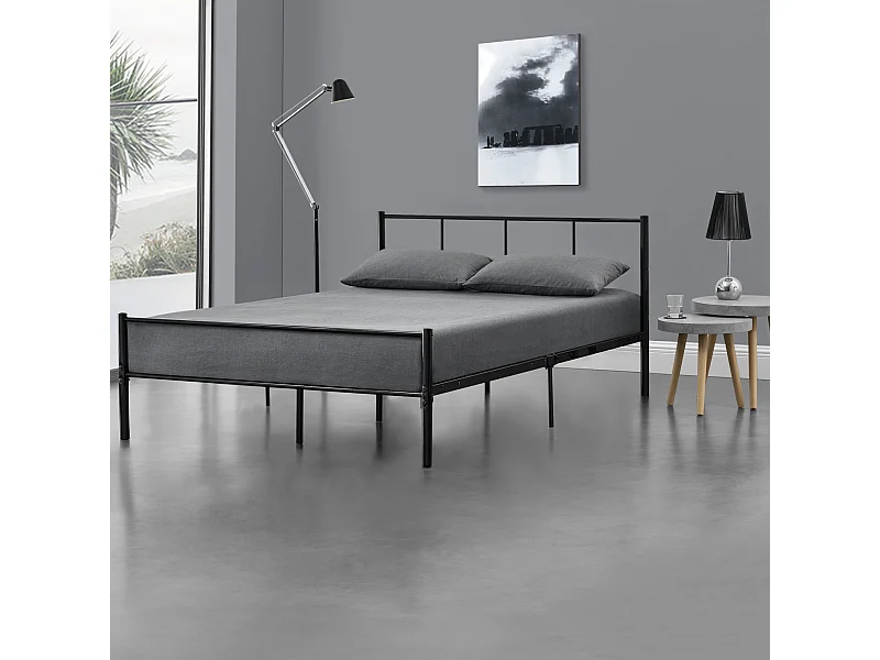 Lit double Laos Métal avec Sommier à Lattes 140 x 200 cm Noir [en.casa]