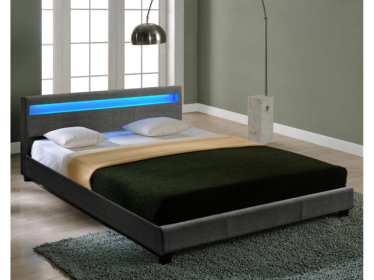 Lit Double Rembourré Design_LED Sommier à Lattes Polyester 140 x 200 cm Gris Foncé Corium