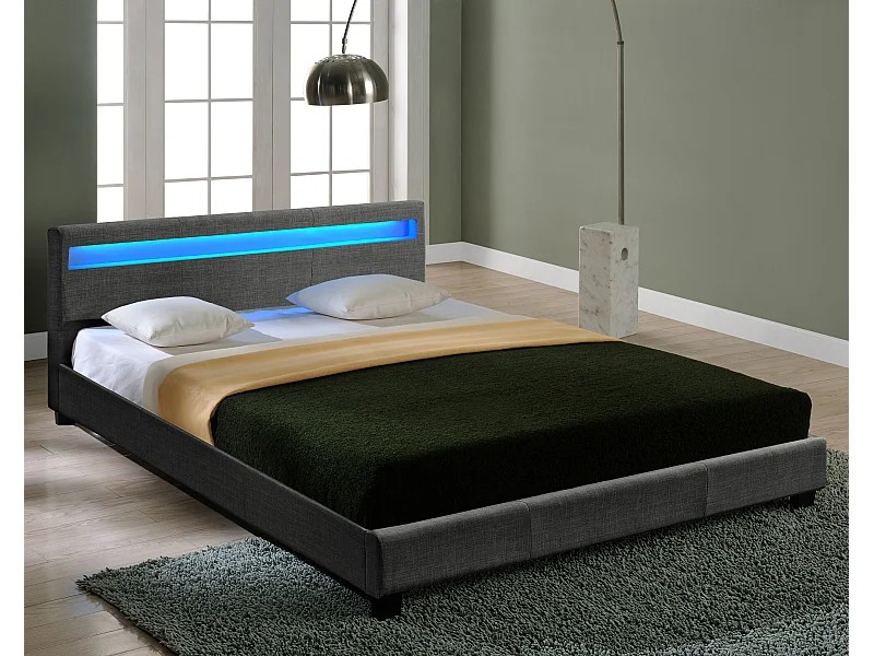 Lit Double Rembourré Design_LED Sommier à Lattes Polyester 140 x 200 cm Gris Foncé Corium