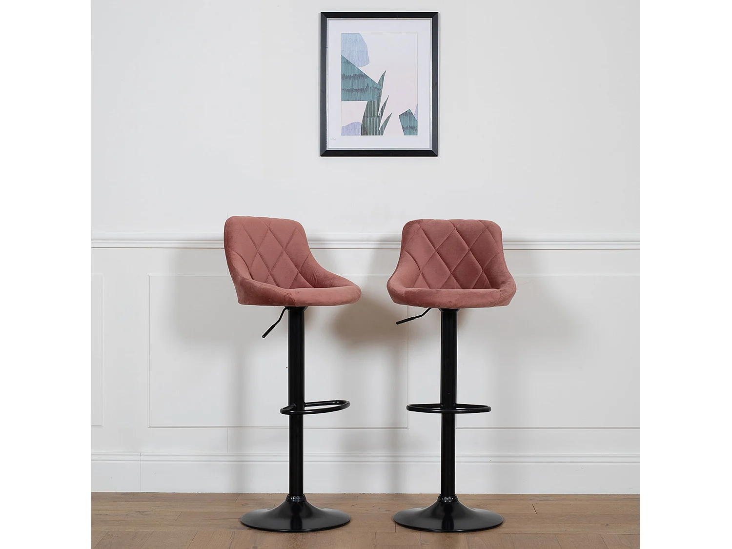 Lot de 2 tabourets de bar en velours rose ROBIN - HAPPY GARDEN