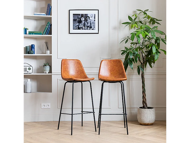 2er Set Vintage-Barhockern LUCIEN cognac - Sitzhöhe 75cm