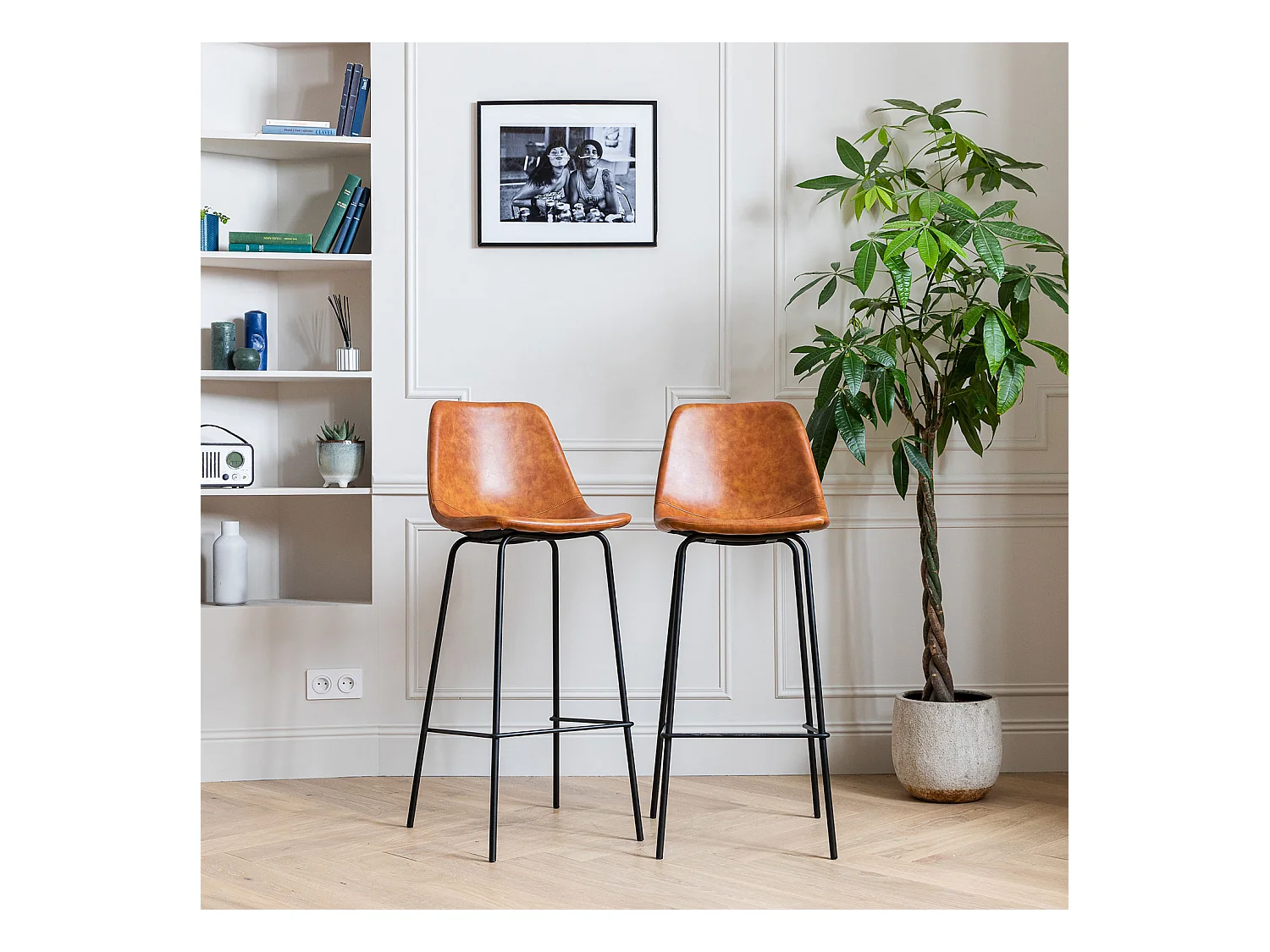 Lot de 2 tabourets de bar vintage LUCIEN cognac - Hauteur d'assise 75cm - HAPPY GARDEN