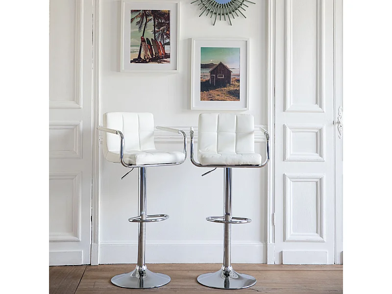 Lot de 2 tabourets de bar blanc avec accoudoirs MIKE - HAPPY GARDEN