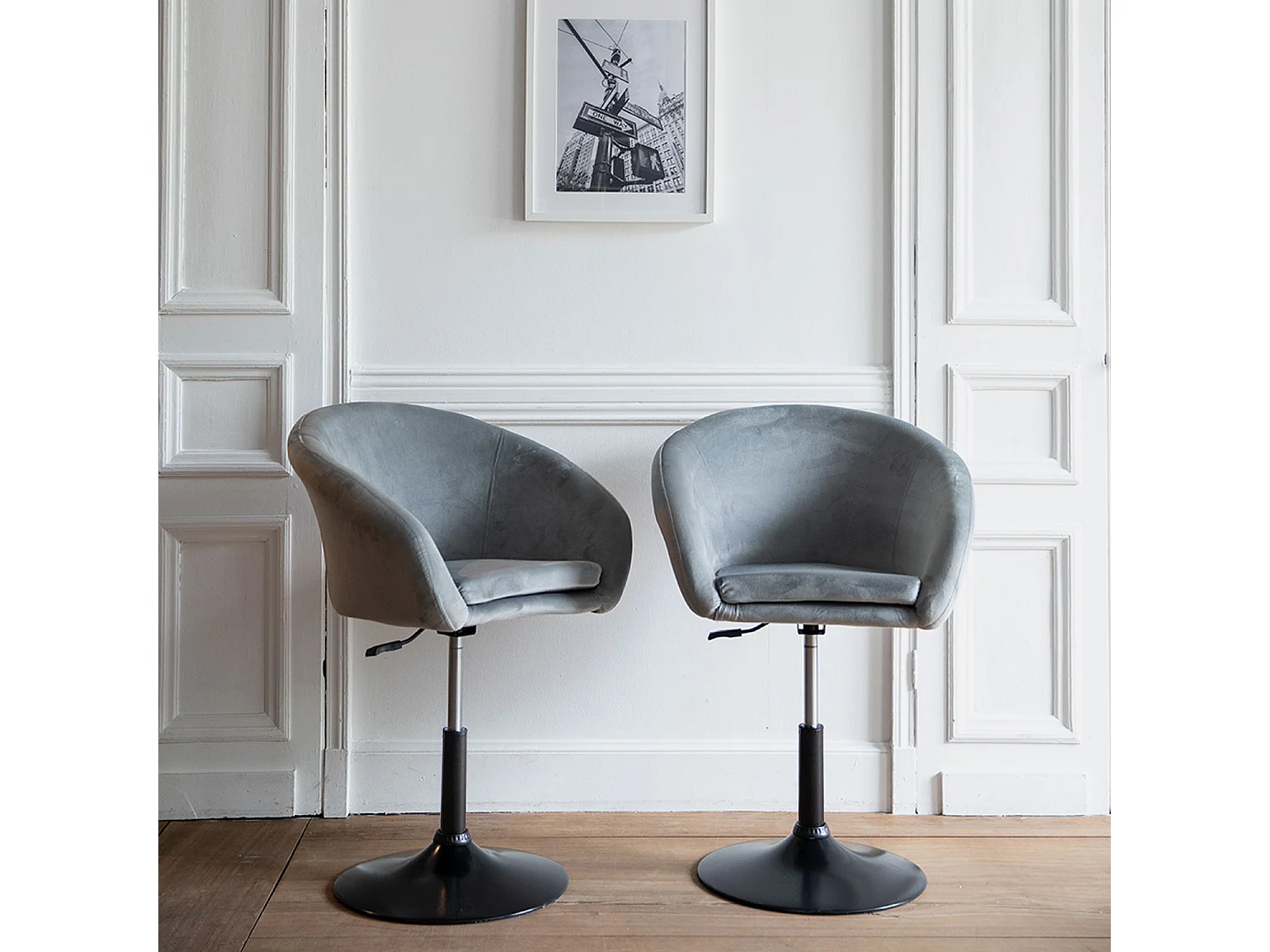 Lot de 2 tabourets de bar en velours gris GABIN - HAPPY GARDEN