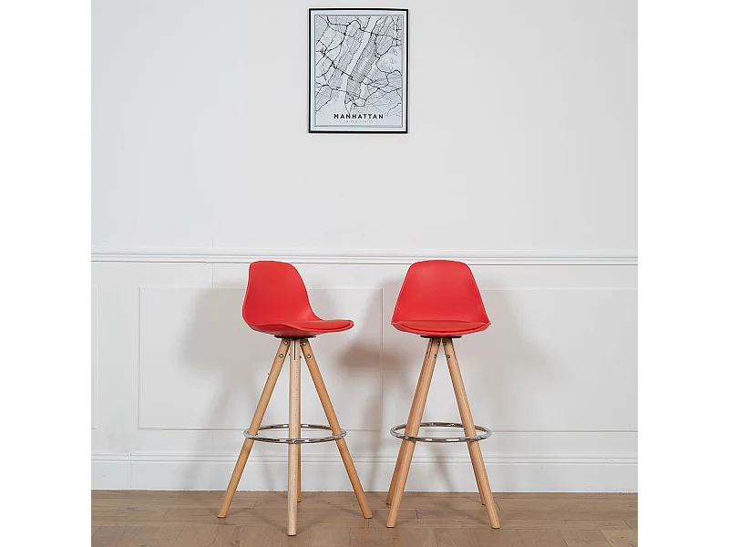 Lot de 2 tabourets scandinaves TOBIAS rouges avec coussin - HAPPY GARDEN