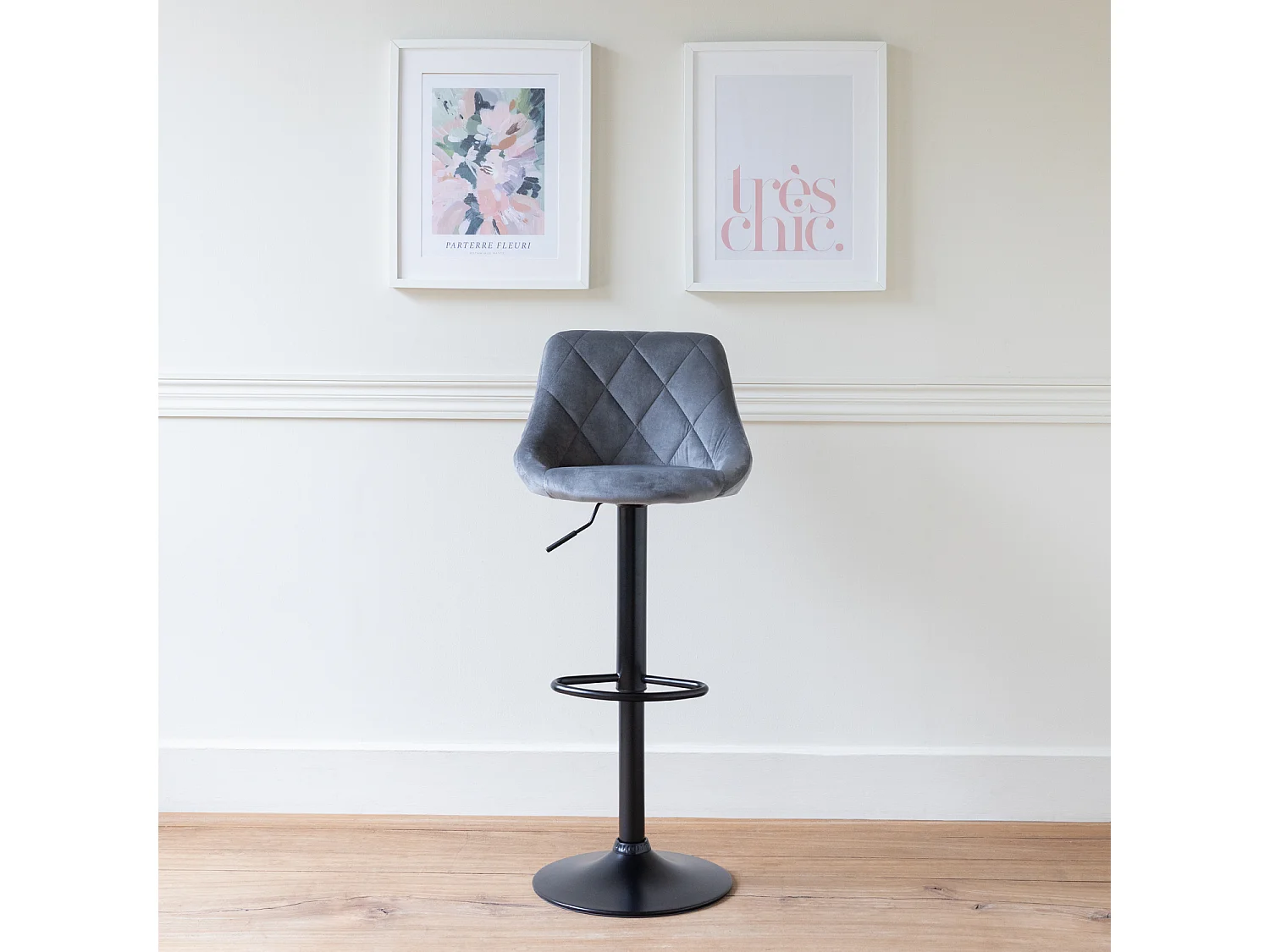 Tabouret de bar en velours gris ROBIN - HAPPY GARDEN