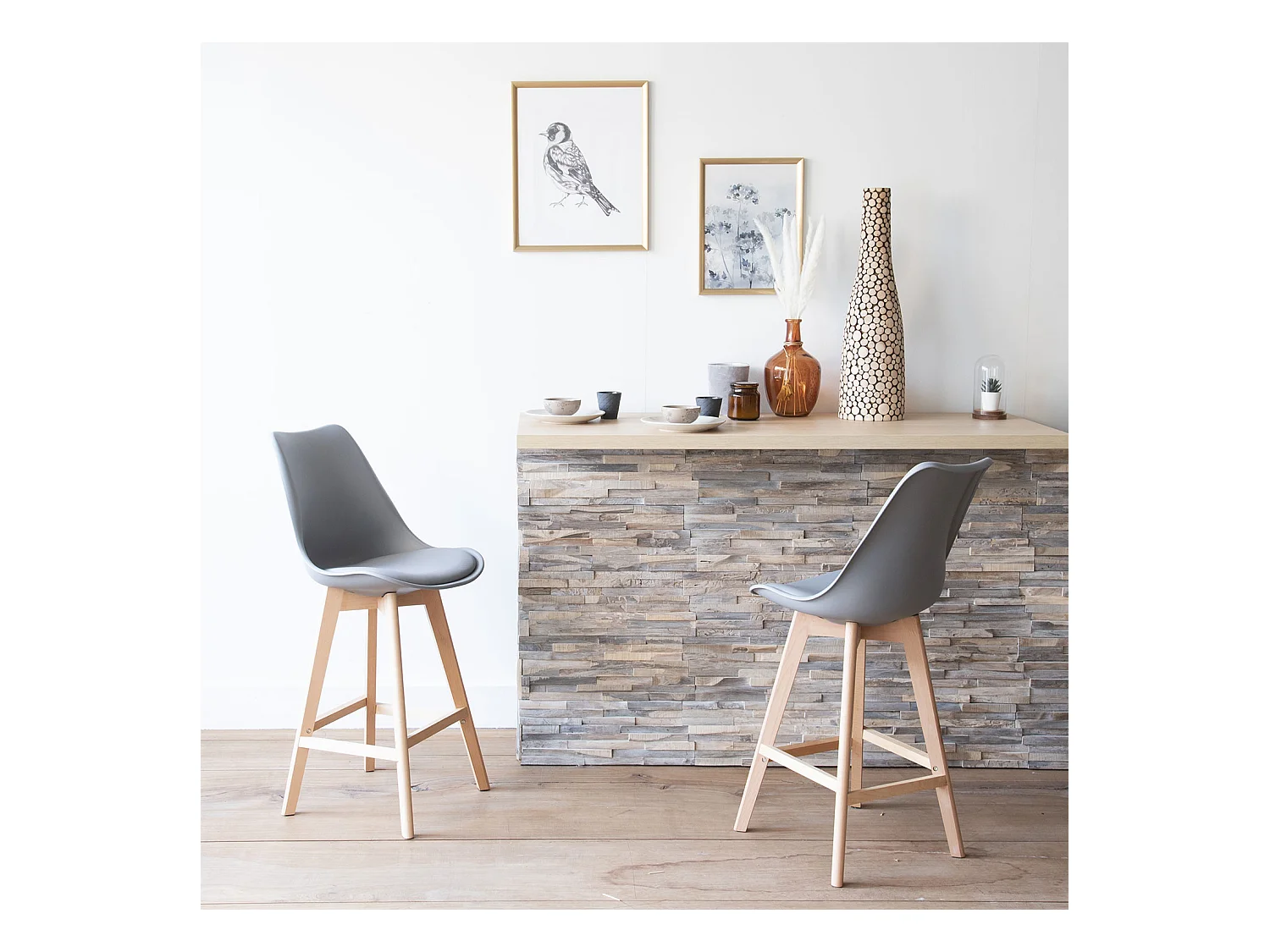 Lot de 2 tabourets scandinaves SVEN gris avec coussin - HAPPY GARDEN