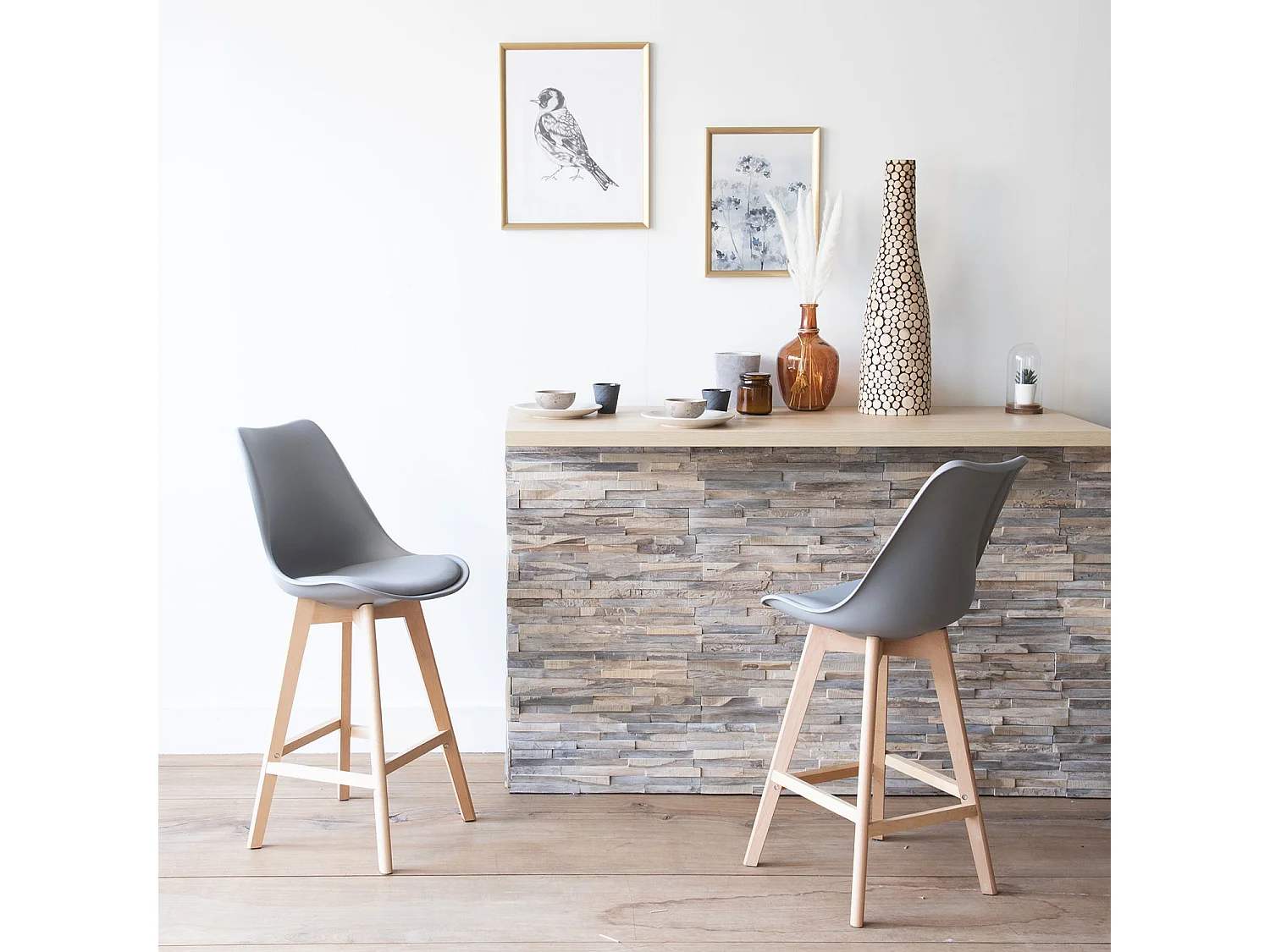 Lot de 2 tabourets scandinaves SVEN gris avec coussin - HAPPY GARDEN