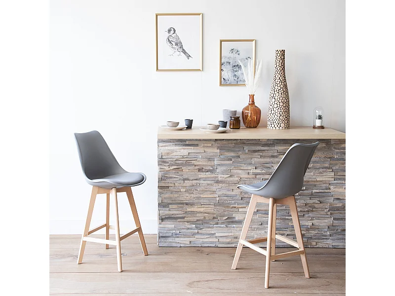 Lot de 2 tabourets scandinaves SVEN gris avec coussin - HAPPY GARDEN