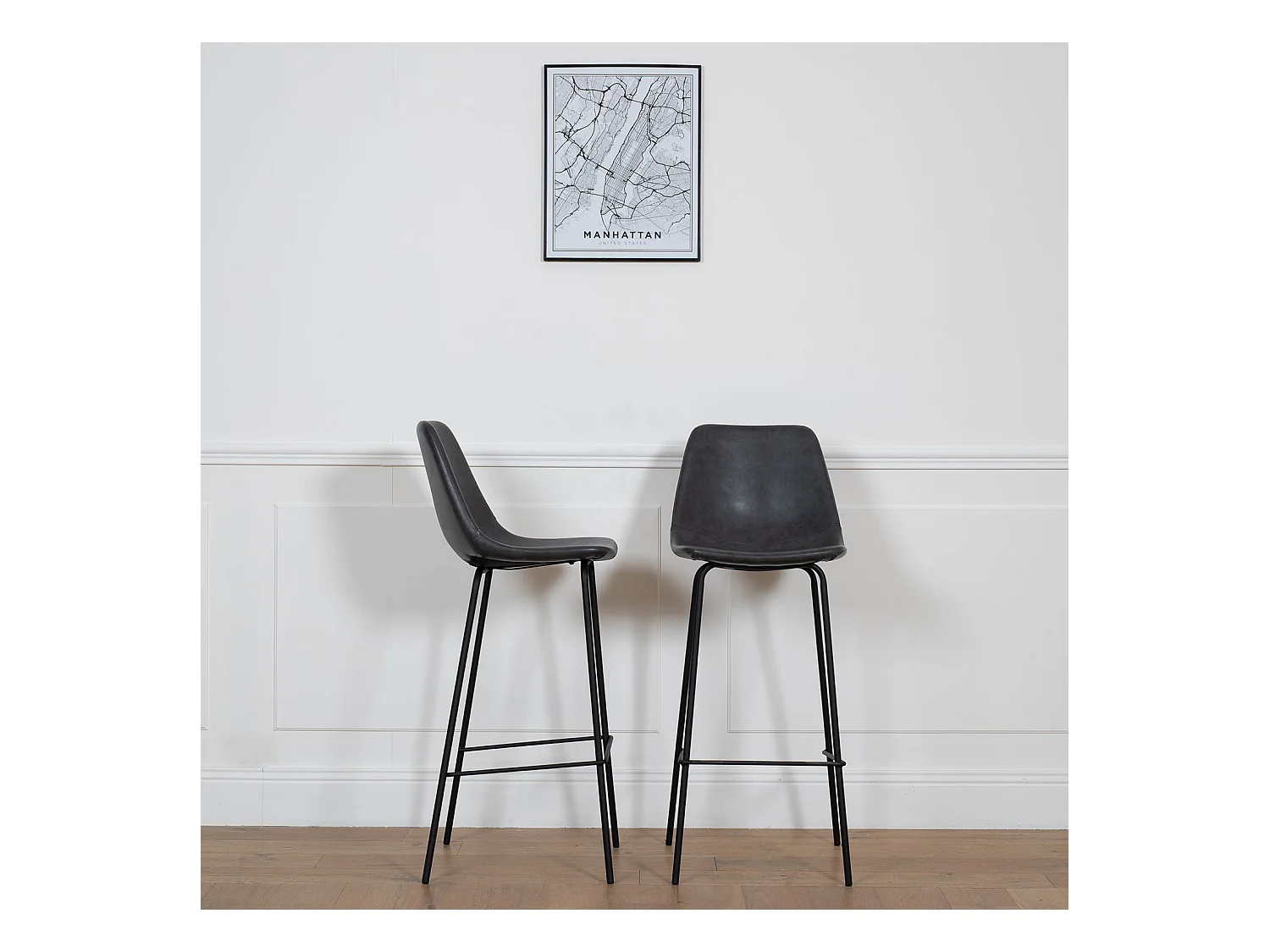 Lot de 2 tabourets de bar vintage LUCIEN gris foncé - Hauteur d'assise 75cm - HAPPY GARDEN