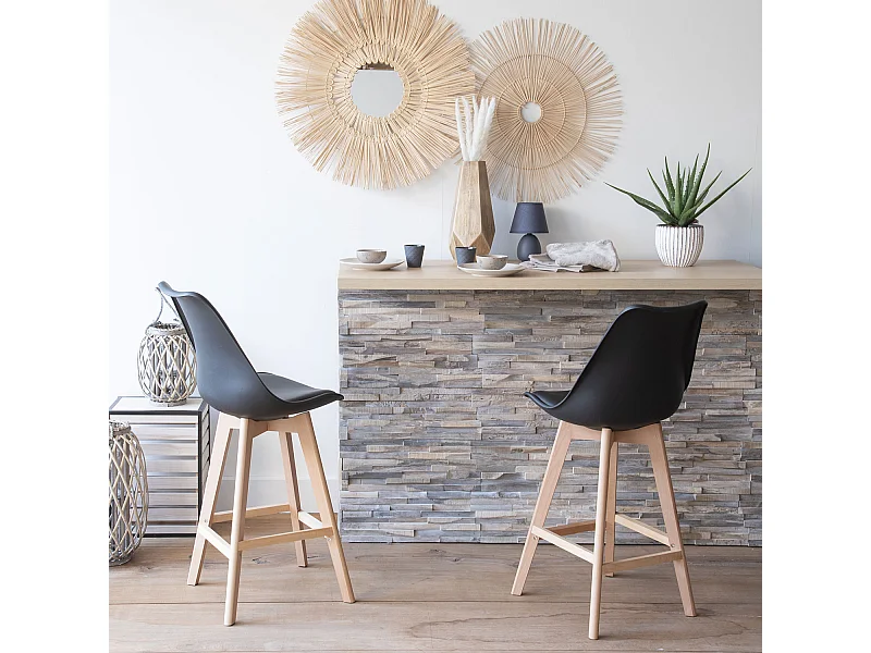 Lot de 2 tabourets scandinaves SVEN noir avec coussin - HAPPY GARDEN