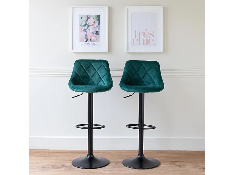 Lot de 2 tabourets de bar en velours vert ROBIN - HAPPY GARDEN