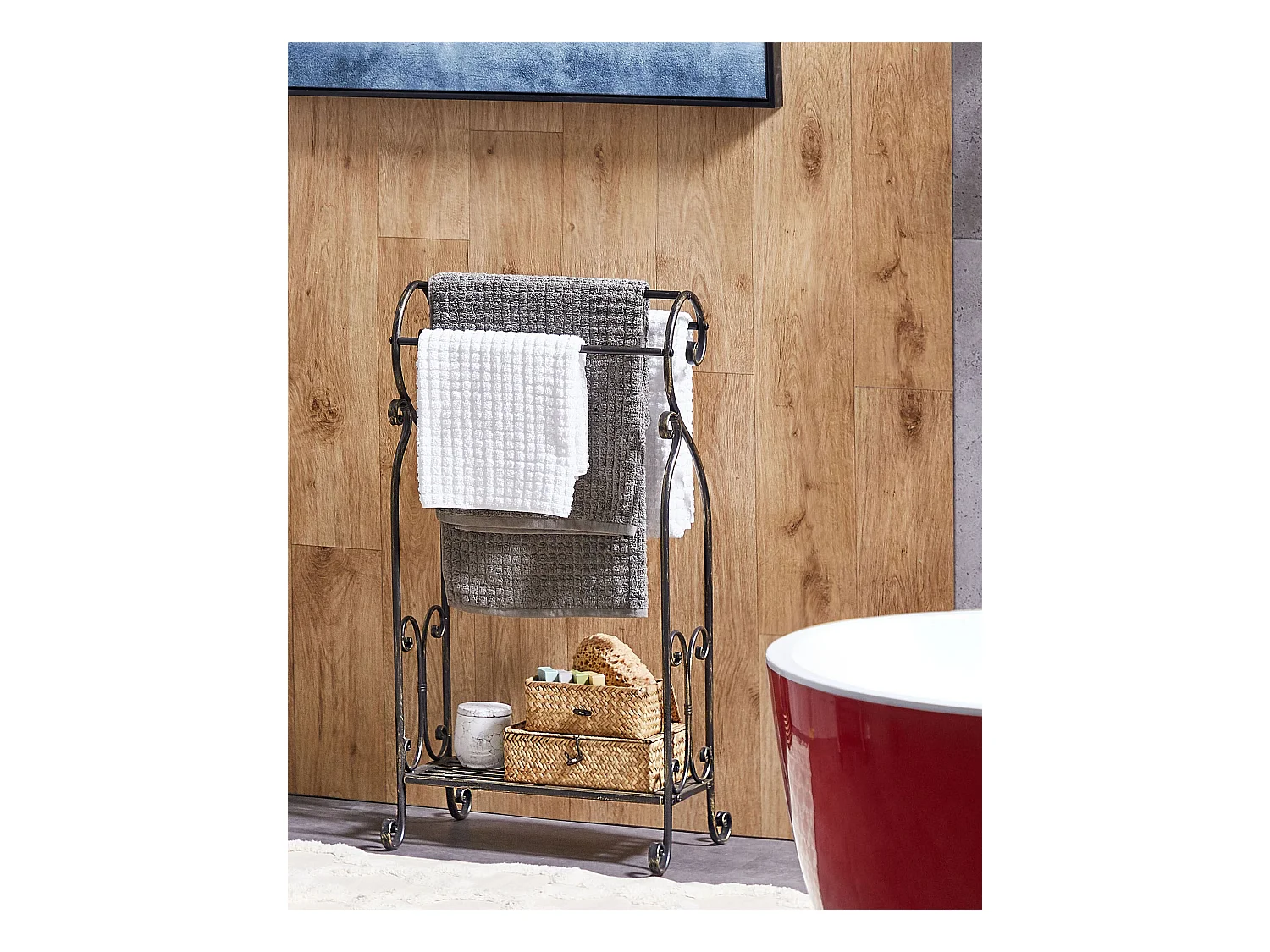 Retro Handtuchhalter aus Metall schwarz Antik Optik rechteckig mit Ablage Linares